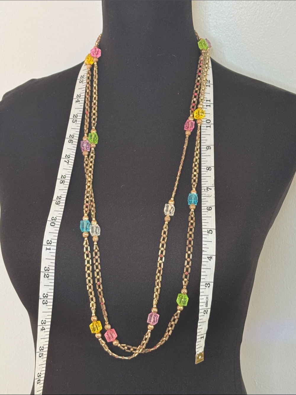 Vintage Hand Crafted Multicolor Bead & Gold-Tone Chain Necklace